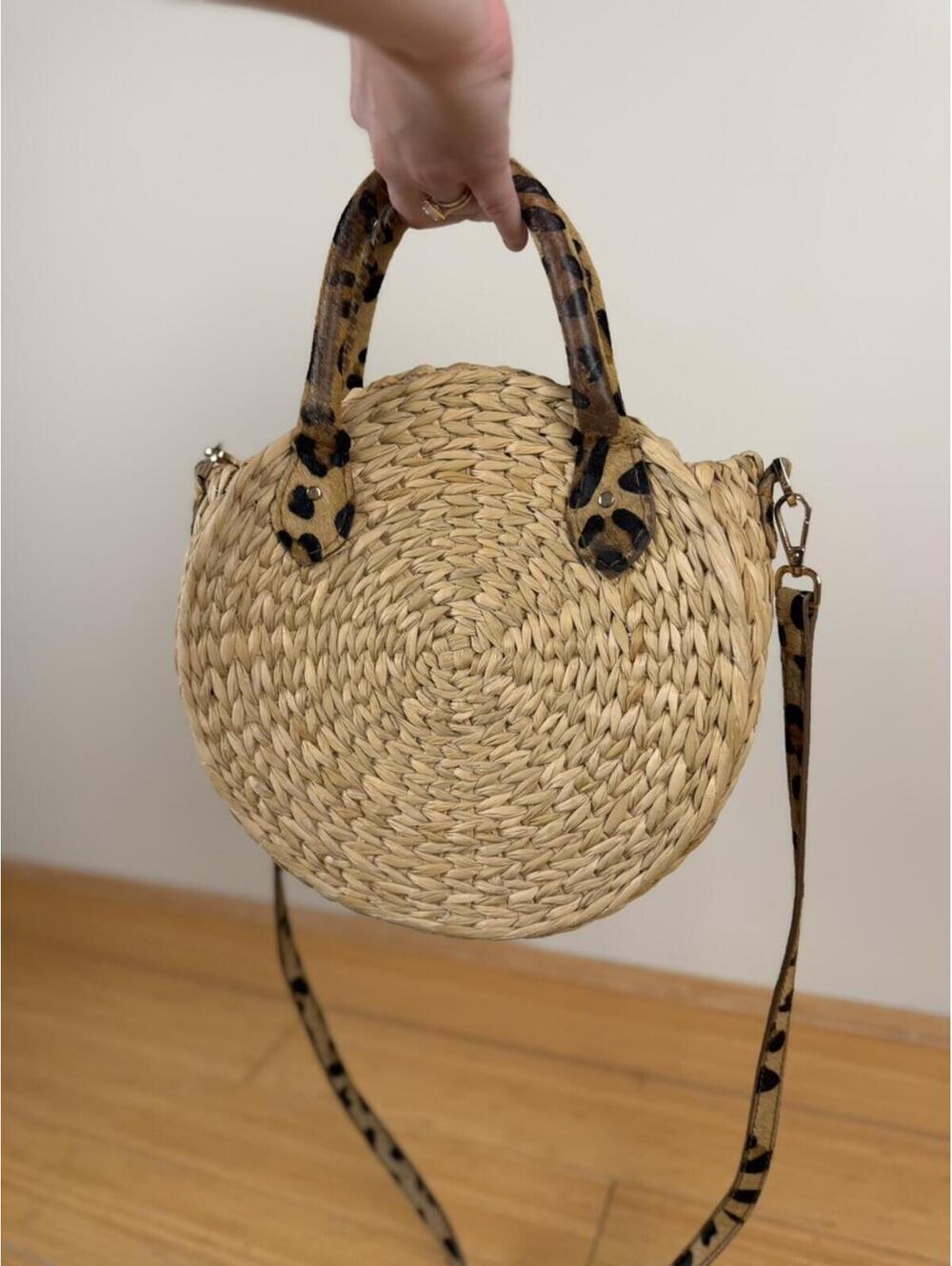 Poolside Le Cercle Round Raffia Straw Bag Leopard Print Crossbody Purse 10"